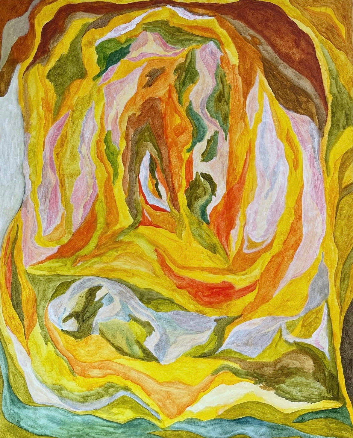 Originalt abstrakt maleri av Oslobasert billedkunstner Emilie Wesche. Stort oppspent lerret gallerikvalitet i bomull. Motivet er lekent, organisk og dynamisk i sommerlige toner gult, rødoransje og grønnbrunt. Blikket dras mot sentrum av maleriet, nærmest som om du beveger deg gjennom en tunnel av natur og ild.